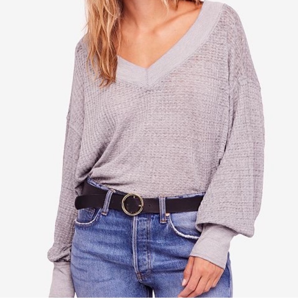 Free People Gray V-Neck Waffle Knit Sweater